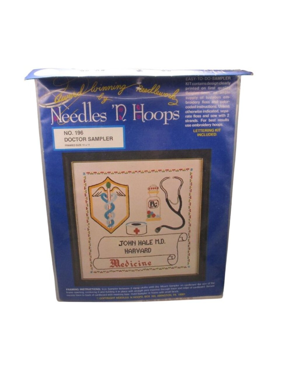 Needles N Hoops Doctor Sampler Kit No 196 Embroidery 11x11 Framed Size Vintage